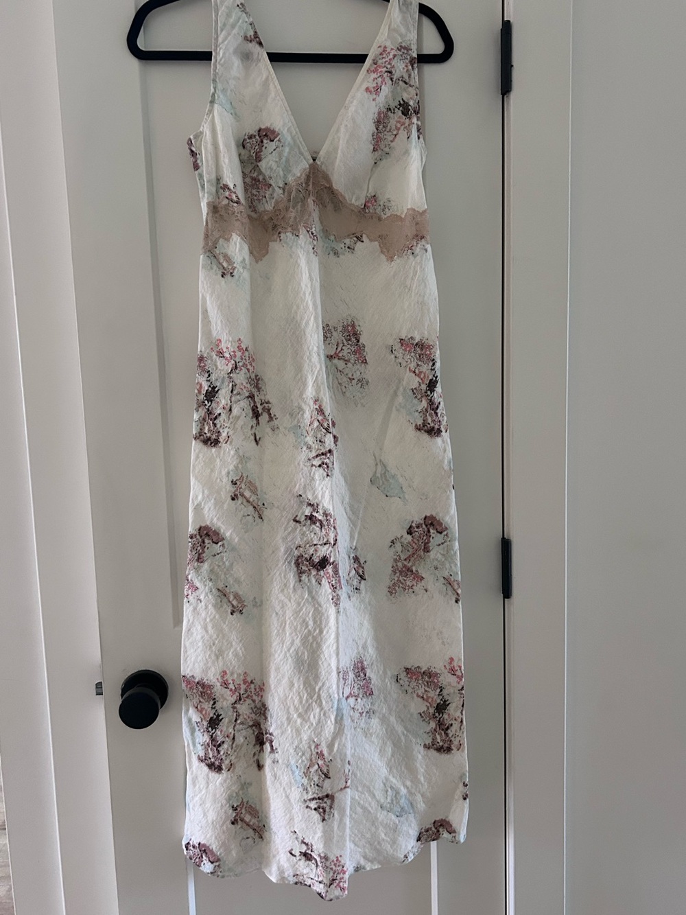 White Floral V-Neck Slip Dress with Lace Trim
